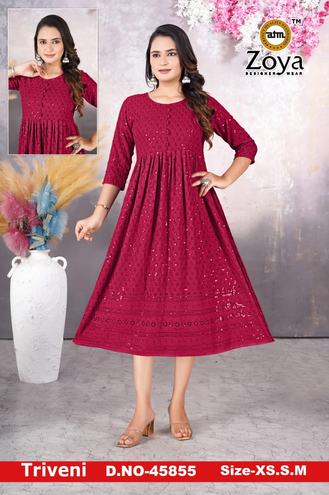 Triveni 090125 Zoya Chikan Anarkali Kurtis Wholesaler Ahmedabad
