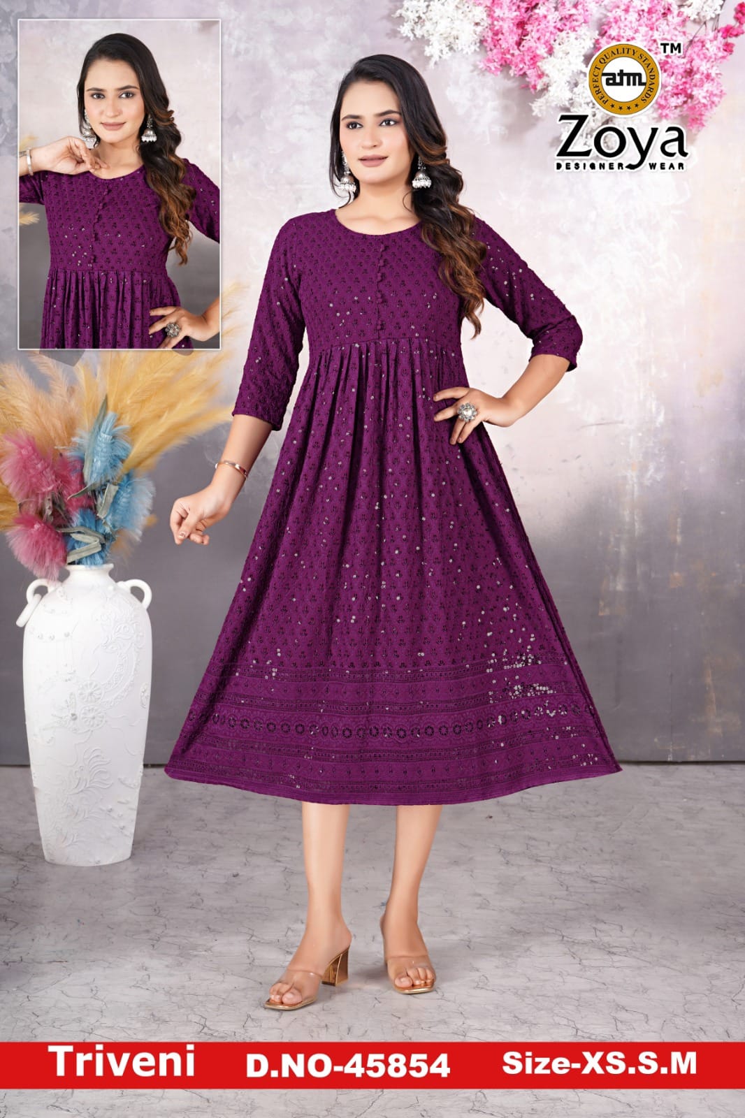 Triveni 090125 Zoya Chikan Anarkali Kurtis Wholesaler Ahmedabad