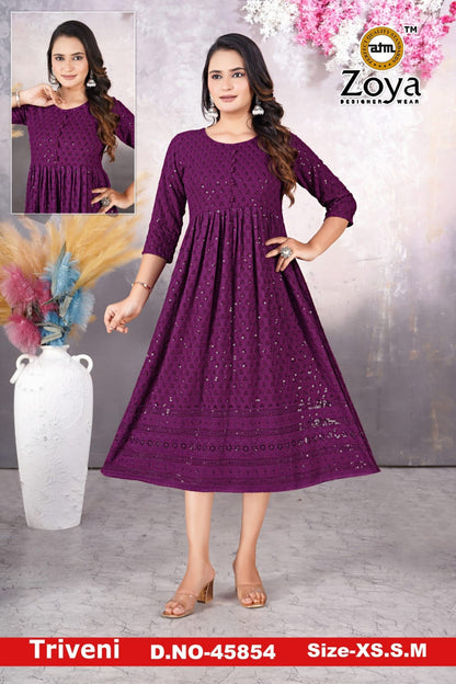 Triveni 090125 Zoya Chikan Anarkali Kurtis Wholesaler Ahmedabad