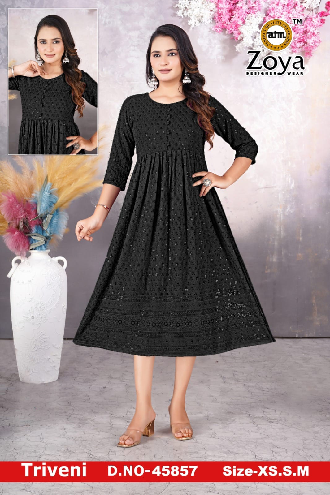 Triveni 090125 Zoya Chikan Anarkali Kurtis Wholesaler Ahmedabad