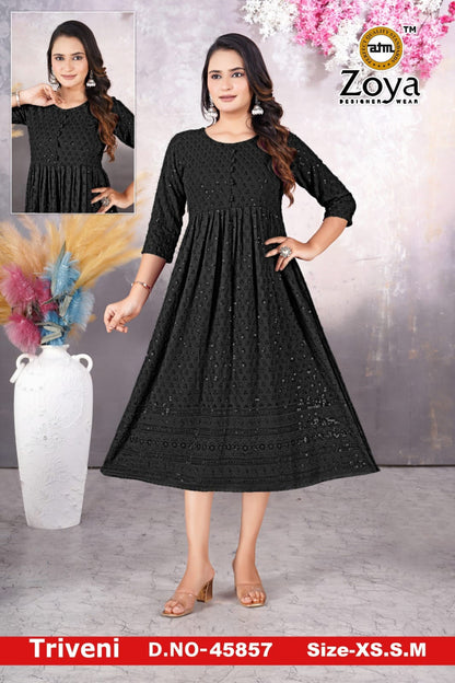 Triveni 090125 Zoya Chikan Anarkali Kurtis Wholesaler Ahmedabad