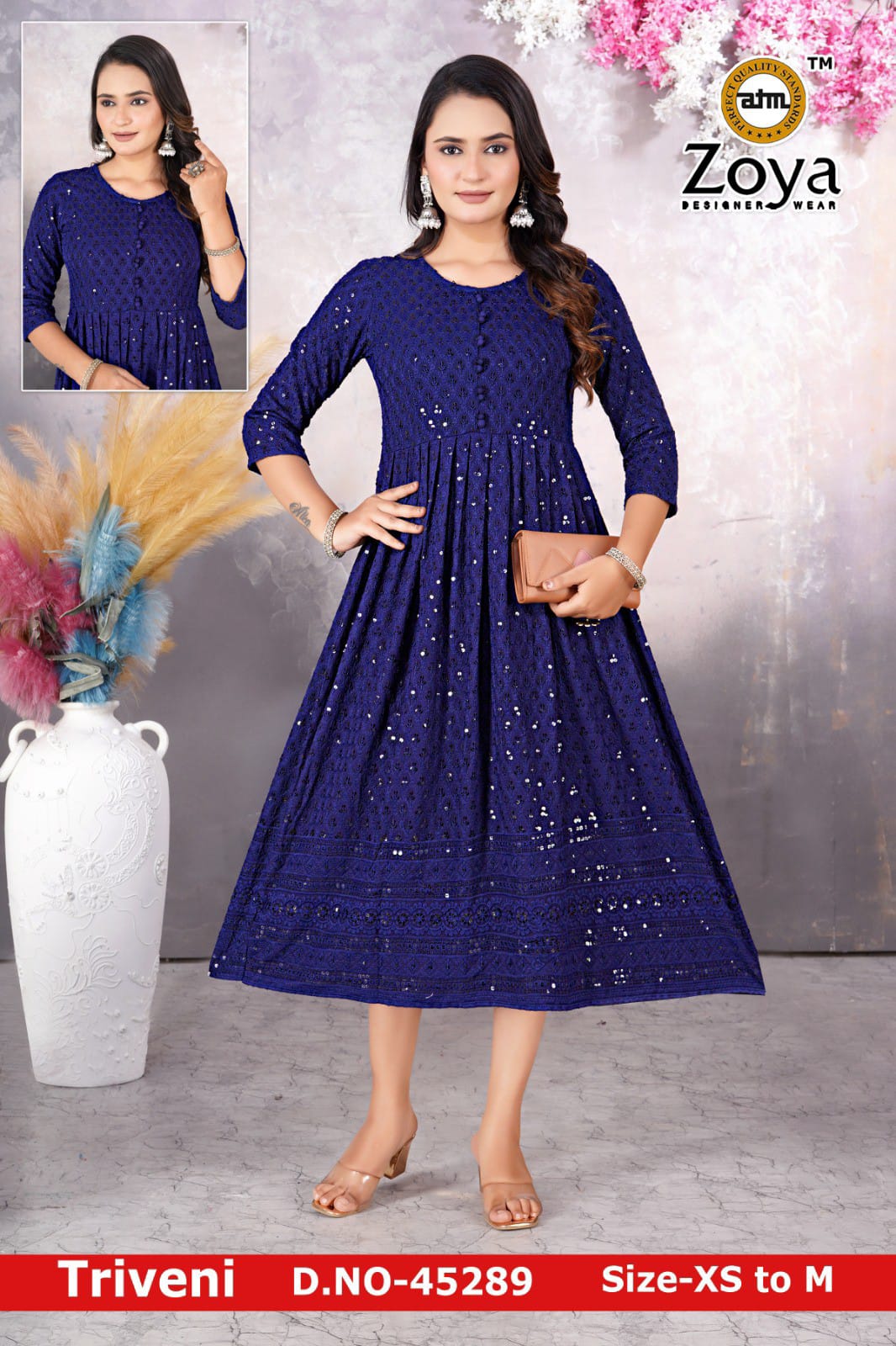 Triveni 090125 Zoya Chikan Anarkali Kurtis Wholesaler Ahmedabad