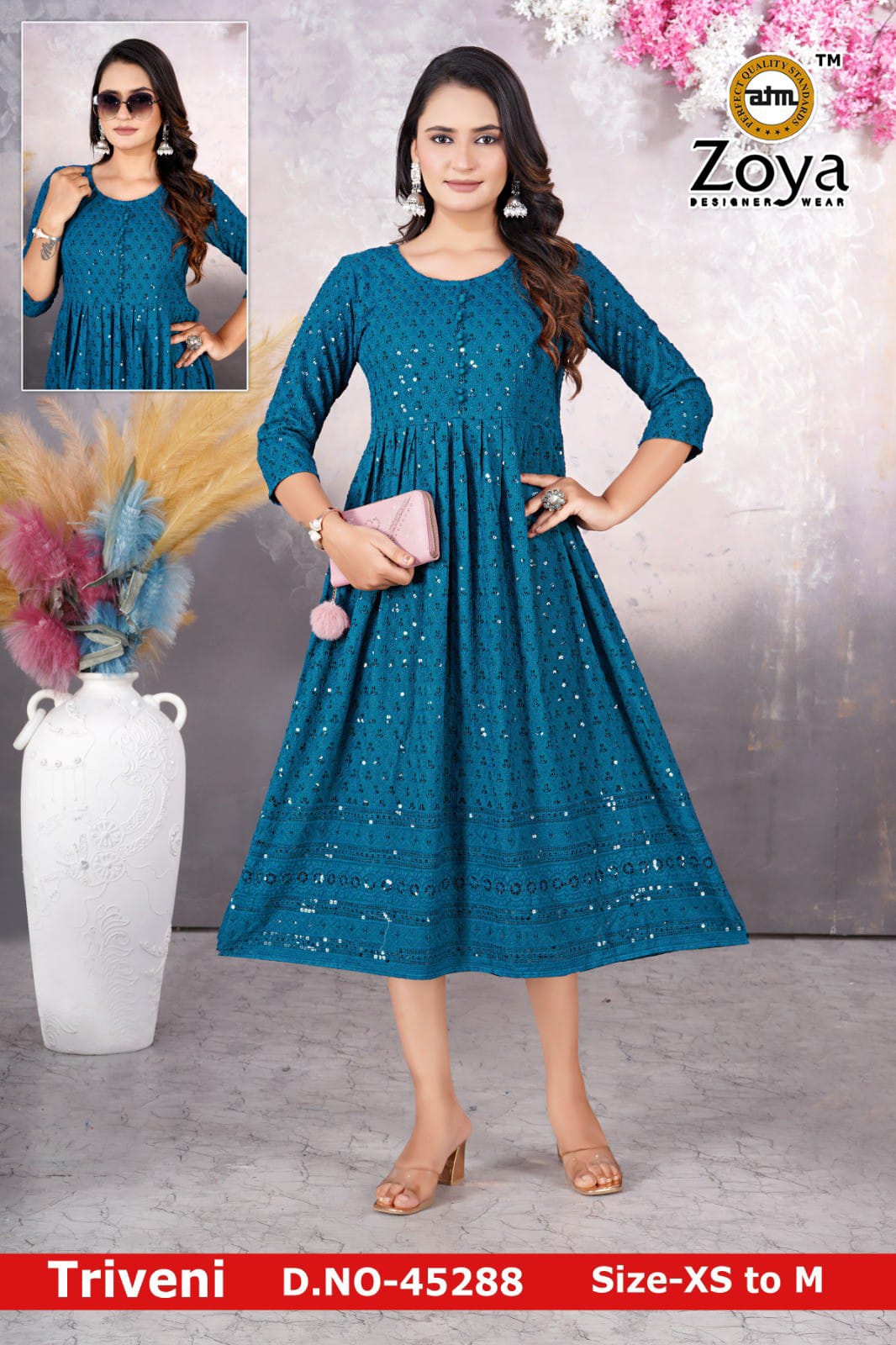 Triveni 090125 Zoya Chikan Anarkali Kurtis Wholesaler Ahmedabad