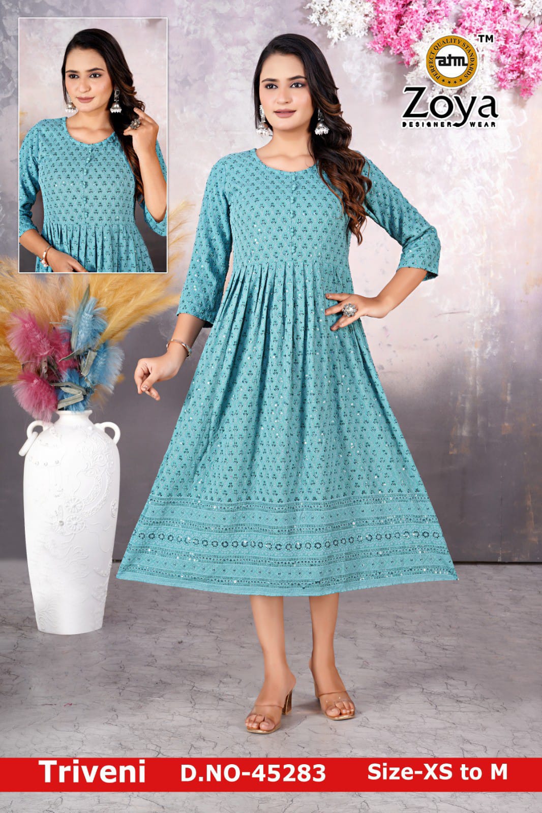 Triveni 090125 Zoya Chikan Anarkali Kurtis Wholesaler Ahmedabad