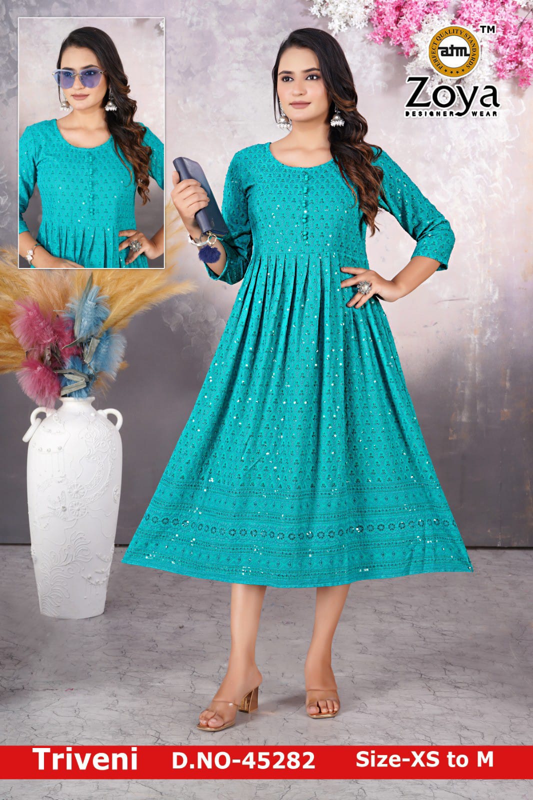 Triveni 090125 Zoya Chikan Anarkali Kurtis Wholesaler Ahmedabad