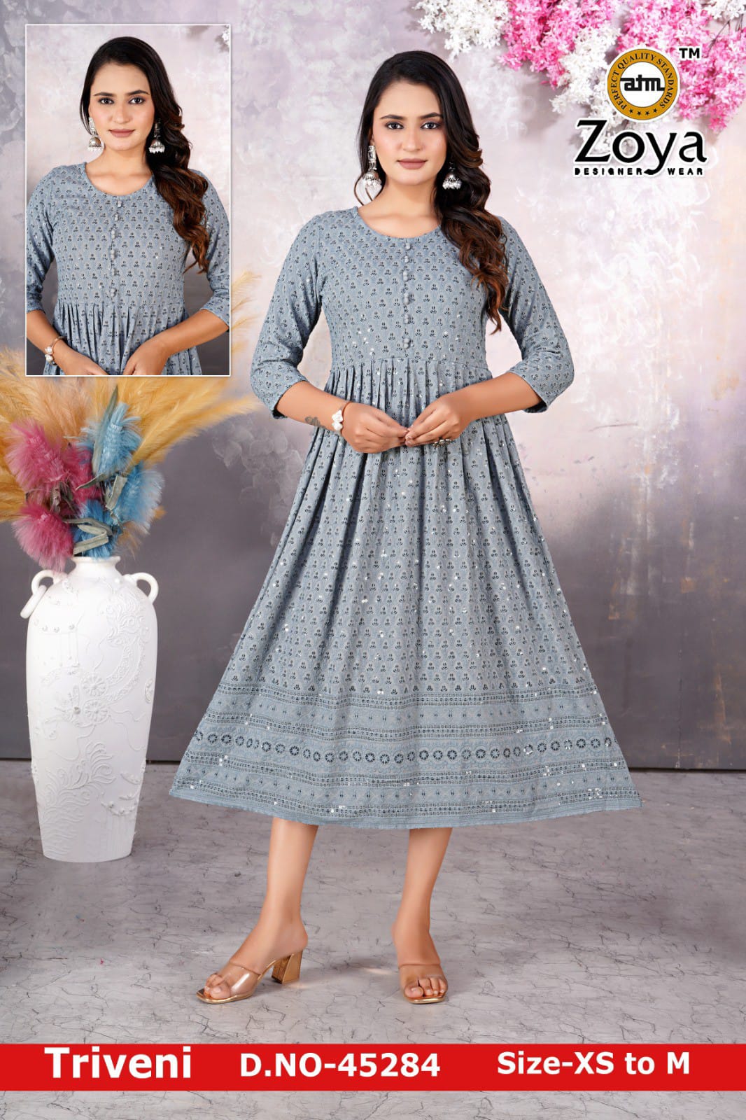 Triveni 090125 Zoya Chikan Anarkali Kurtis Wholesaler Ahmedabad