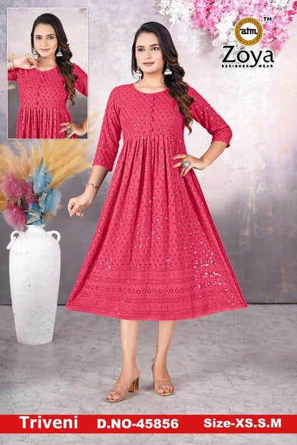 Triveni 090125 Zoya Chikan Anarkali Kurtis Wholesaler Ahmedabad