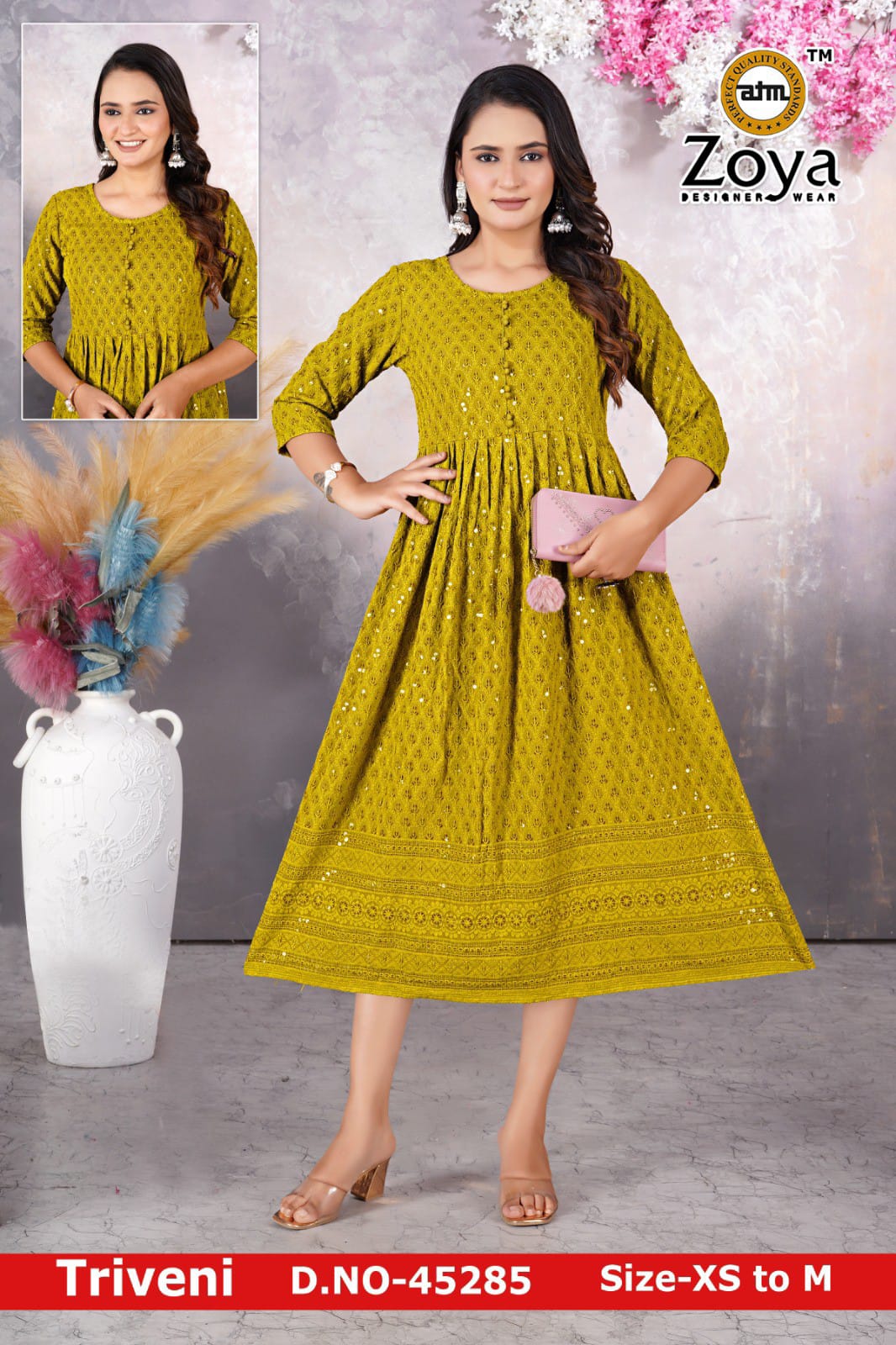 Triveni 090125 Zoya Chikan Anarkali Kurtis Wholesaler Ahmedabad