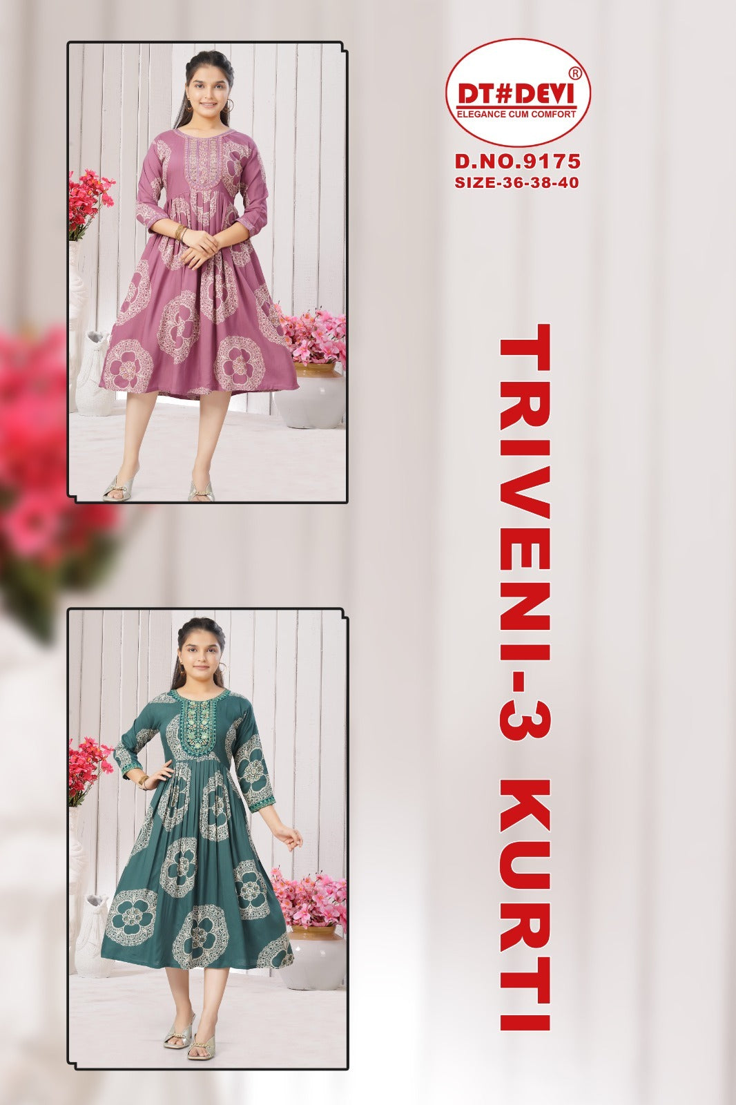 Triveni 3 Dn 9175 Dt Devi Rayon 22Kg Girls Anarkali Kurti Supplier Ahmedabad