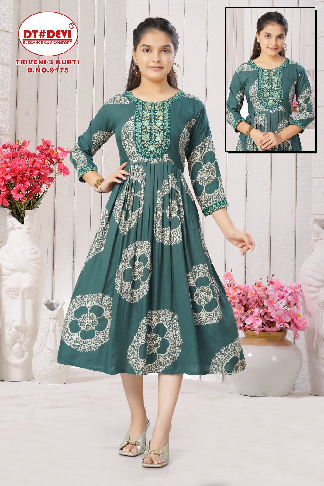 Triveni 3 Dn 9175 Dt Devi Rayon 22Kg Girls Anarkali Kurti Supplier Ahmedabad