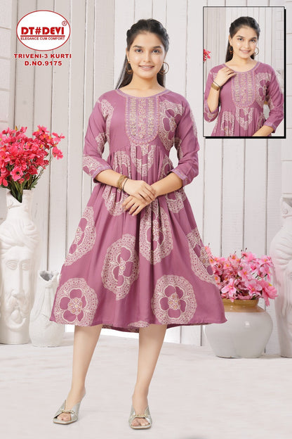 Triveni 3 Dn 9175 Dt Devi Rayon 22Kg Girls Anarkali Kurti Supplier Ahmedabad