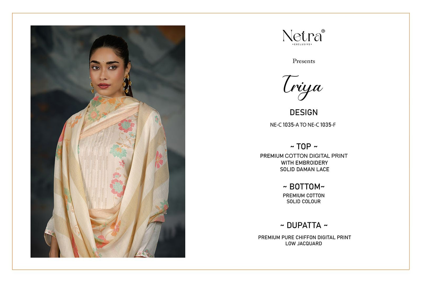 Triya Netra Premium Cotton Pant Style Suits Exporter India