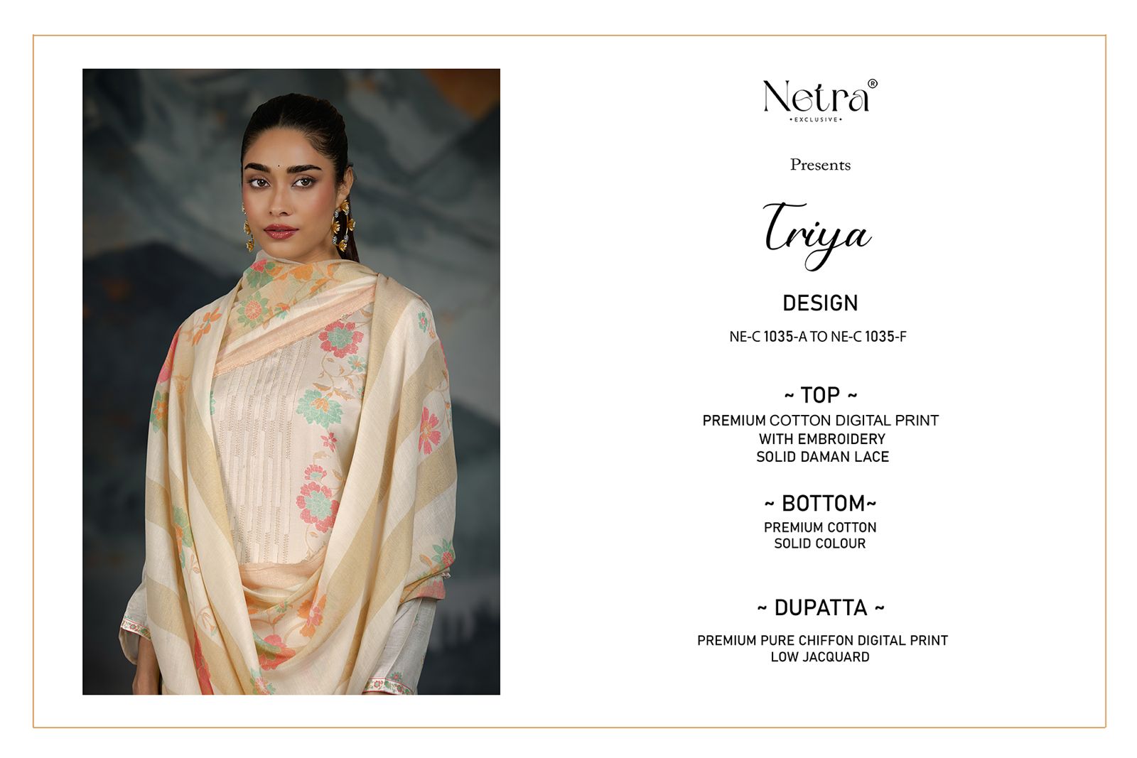 Triya Netra Premium Cotton Pant Style Suits Exporter India