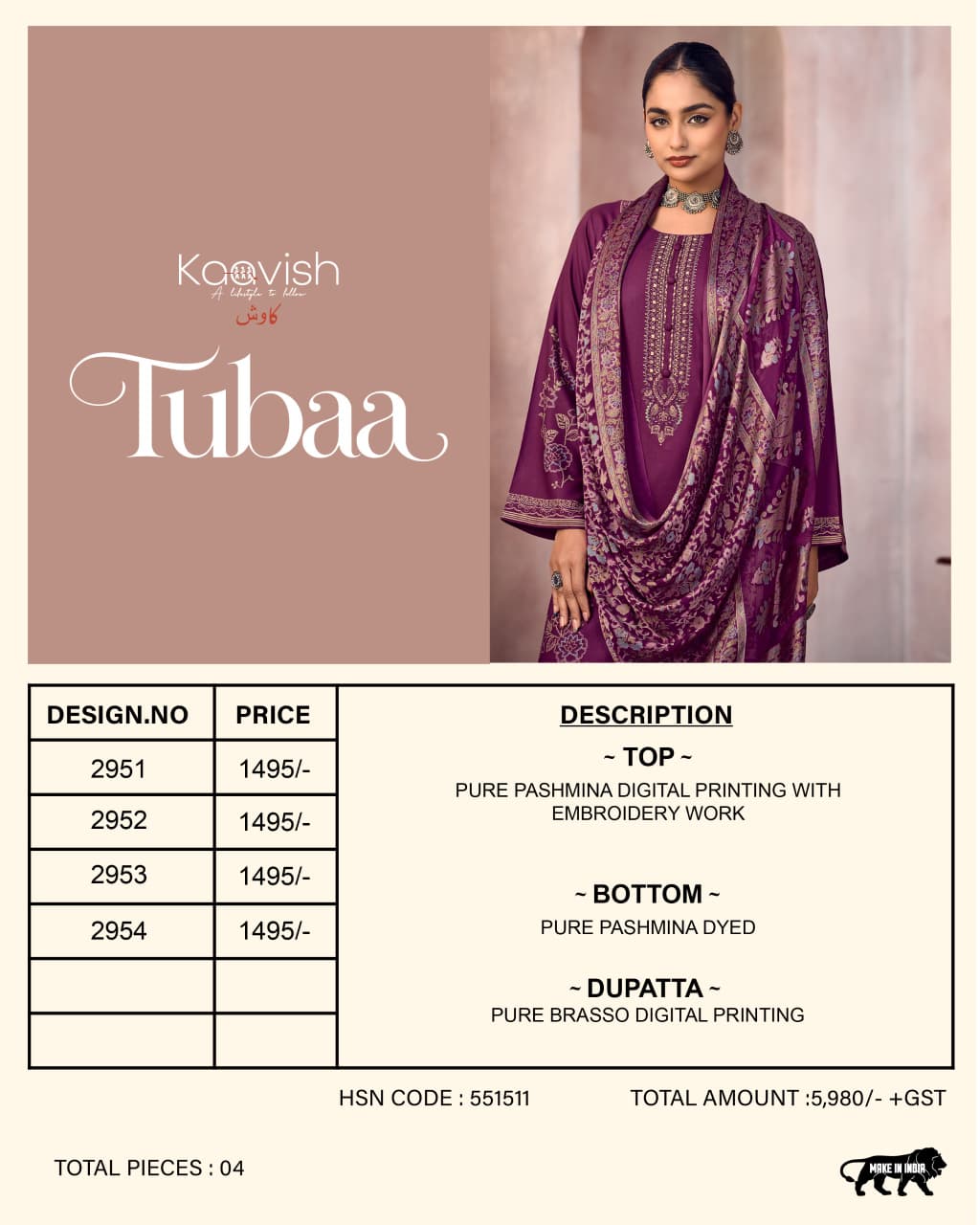 Tubaa Kaavish Viscose Pashmina Suits Manufacturer