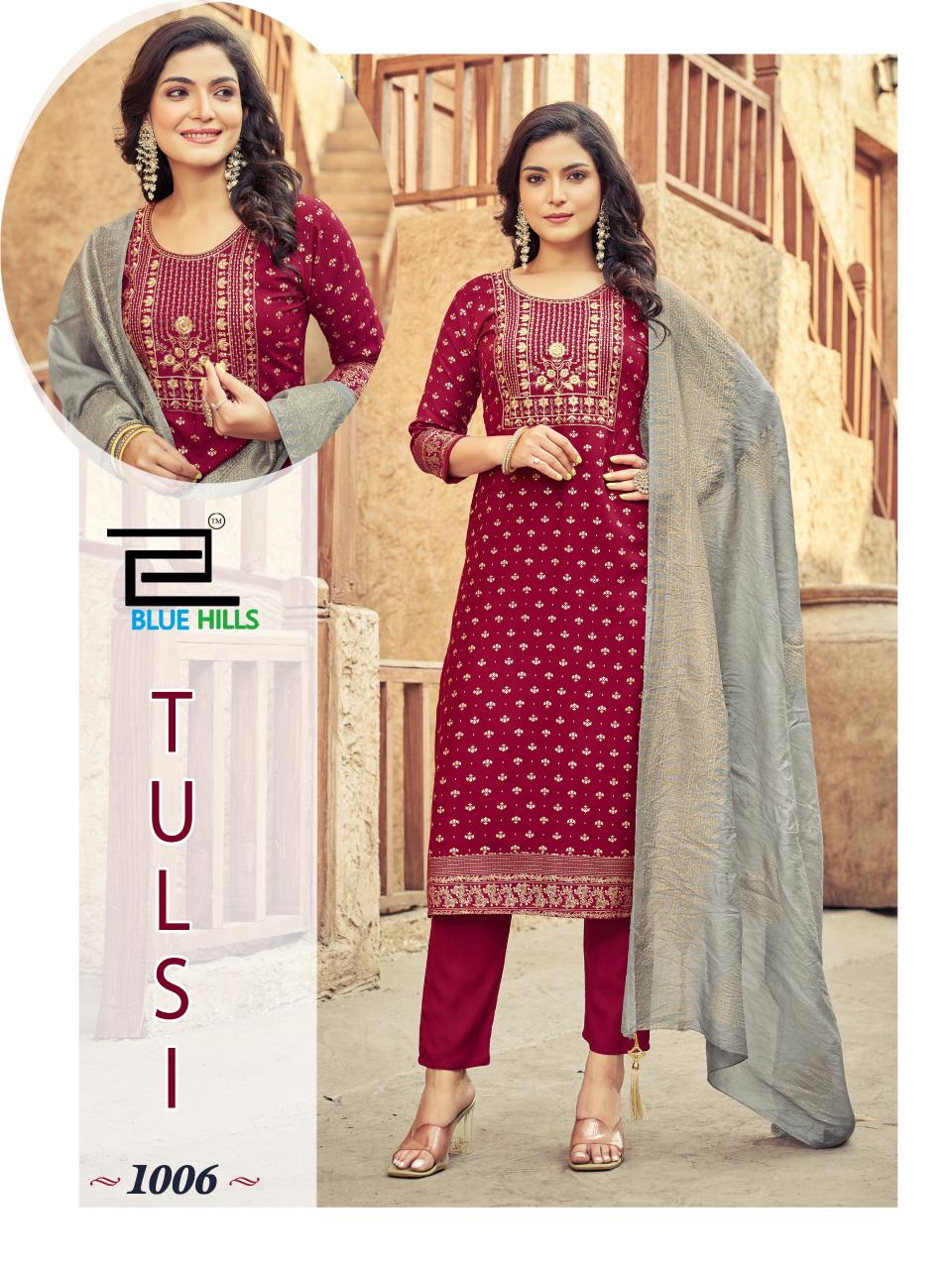 Tulsi Blue Hills Rayon 14Kg Readymade Pant Style Suits Wholesale Rate