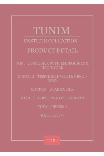 Tunim Naariti Tissue Silk Pant Style Suits Wholesaler Ahmedabad