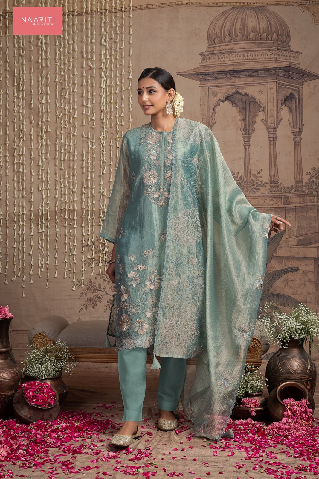 Tunim Naariti Tissue Silk Pant Style Suits Wholesaler Ahmedabad