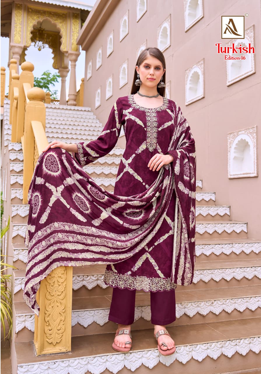 Turkish Edition 16 Alok Viscose Reyon Karachi Salwar Suits Wholesale Price