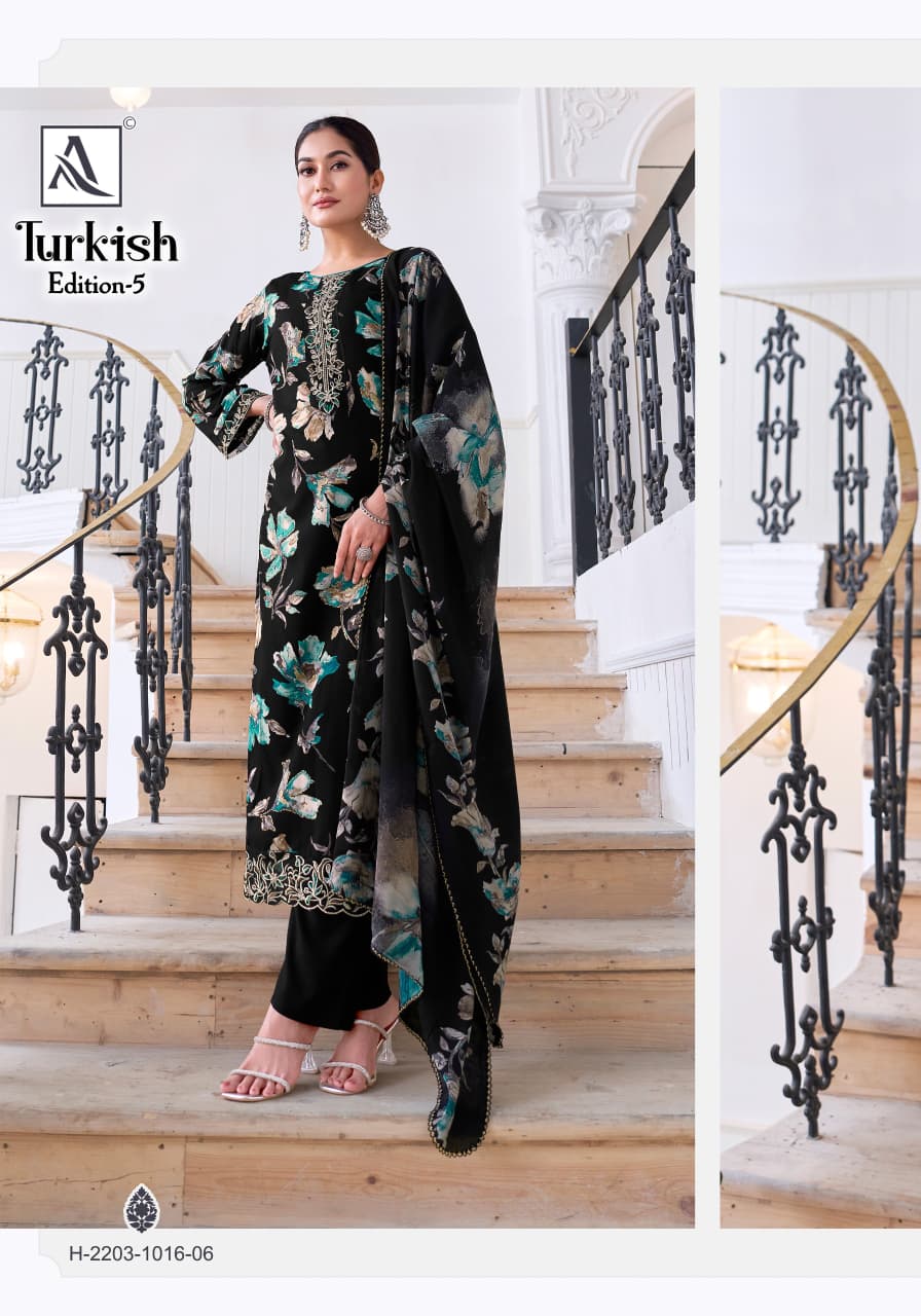 Turkish Edition 5 Alok Viscose Reyon Karachi Salwar Suits Wholesale Price