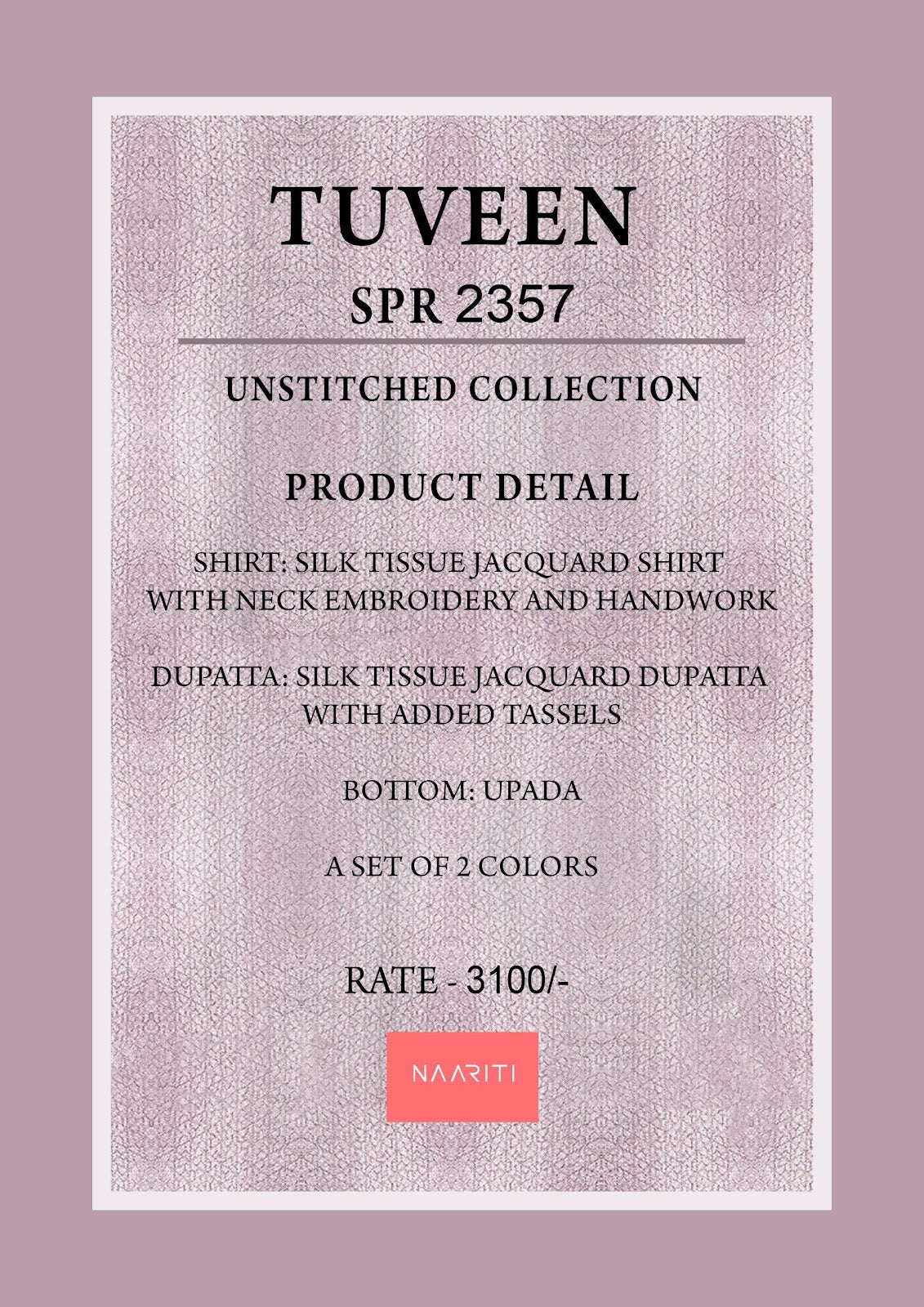 Tuveen Naariti Tissue Jacquard Pant Style Suits Wholesaler Ahmedabad