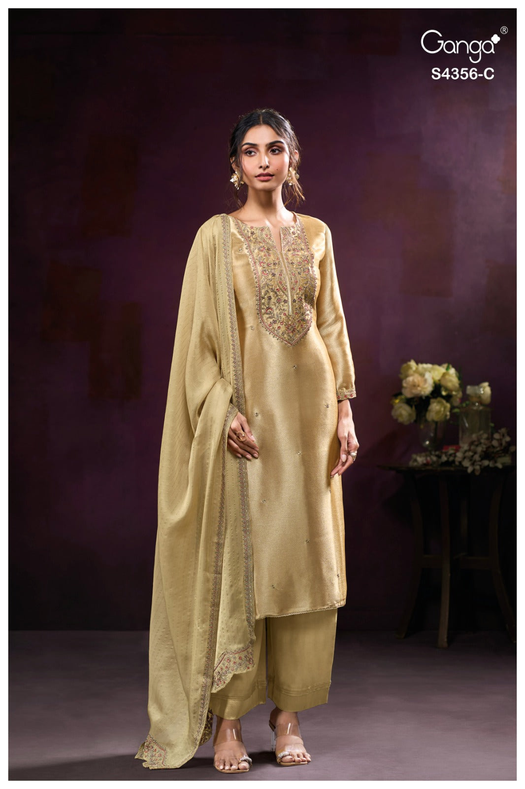 Tveya S4356 Ganga Silk Jacquard Plazzo Style Suits Exporter Ahmedabad