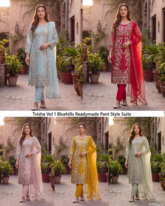 Tvisha Vol 1 Bluehills Net Readymade Pant Style Suits Wholesaler Gujarat