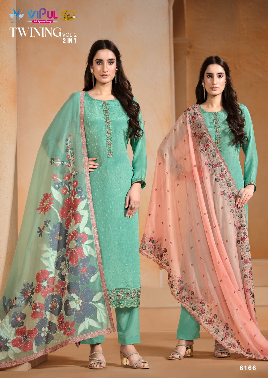 Twining 2 Dcat 218 Vipul Chinon Chiffon Pant Style Suits Wholesaler Gujarat