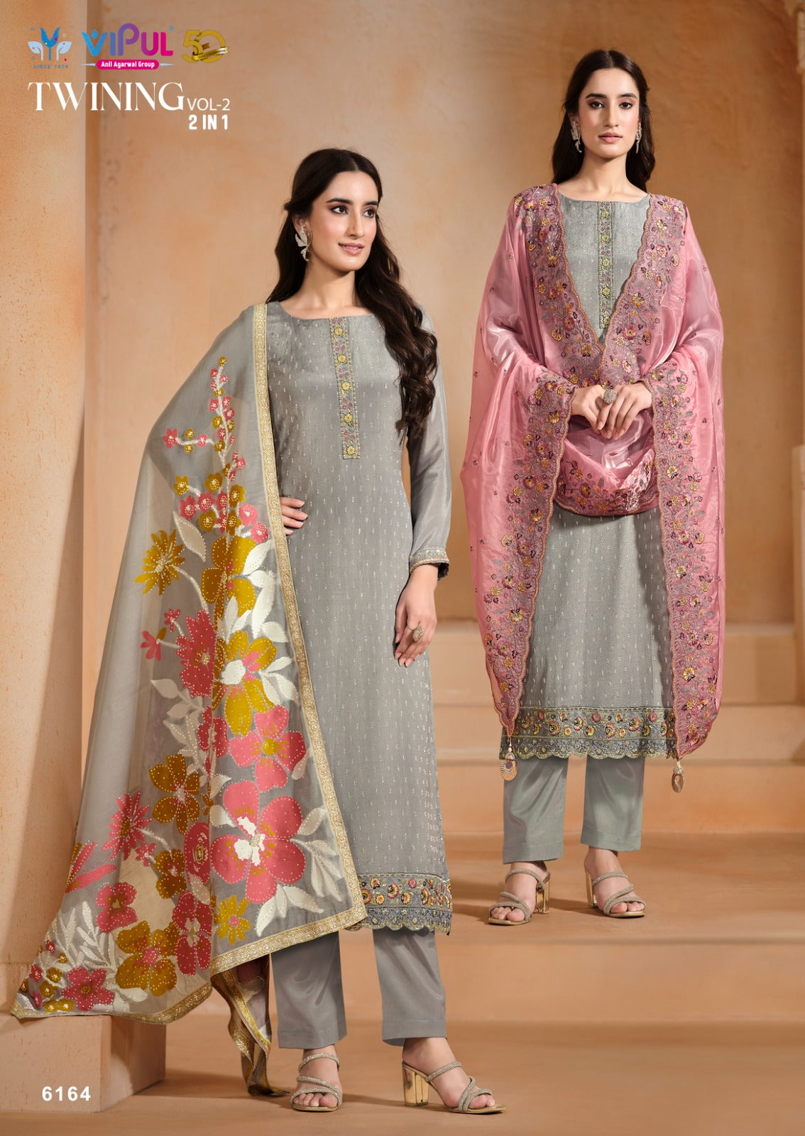 Twining 2 Dcat 218 Vipul Chinon Chiffon Pant Style Suits Wholesaler Gujarat