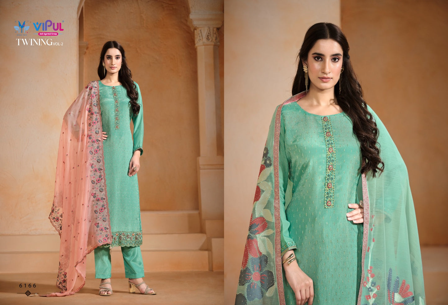 Twining 2 Dcat 218 Vipul Chinon Chiffon Pant Style Suits Wholesaler Gujarat