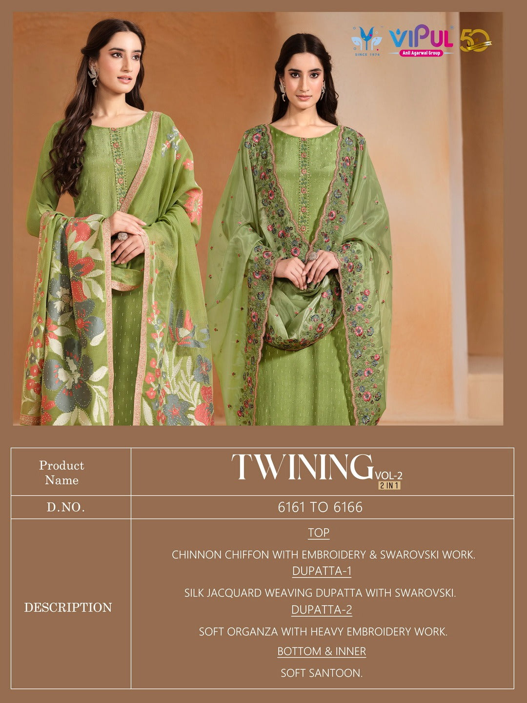 Twining 2 Dcat 218 Vipul Chinon Chiffon Pant Style Suits Wholesaler Gujarat