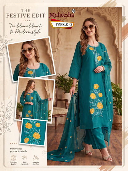Twinkle Maheesha Coral Silk Readymade Pant Style Suits Exporter India