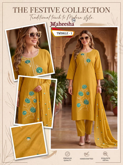 Twinkle Maheesha Coral Silk Readymade Pant Style Suits Exporter India
