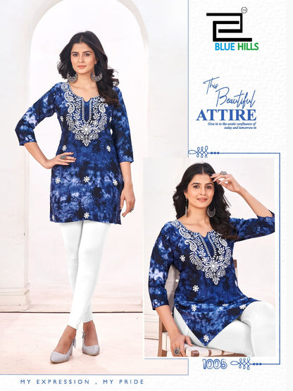Tye Dye Bluehills Viscose Rayon Short Kurtis Exporter India