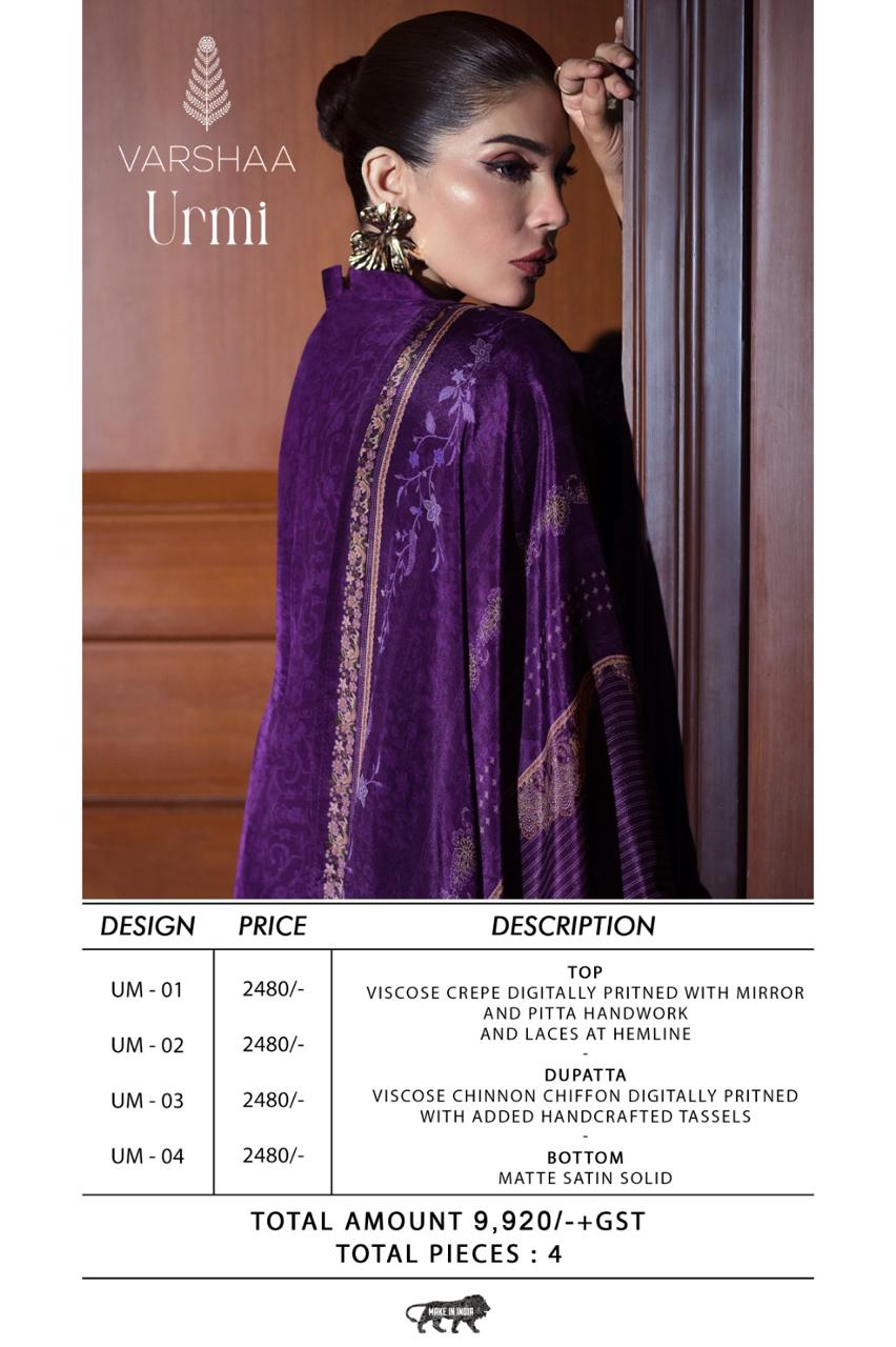 Urmi Varshaa Viscose Crape Pant Style Suits Wholesaler