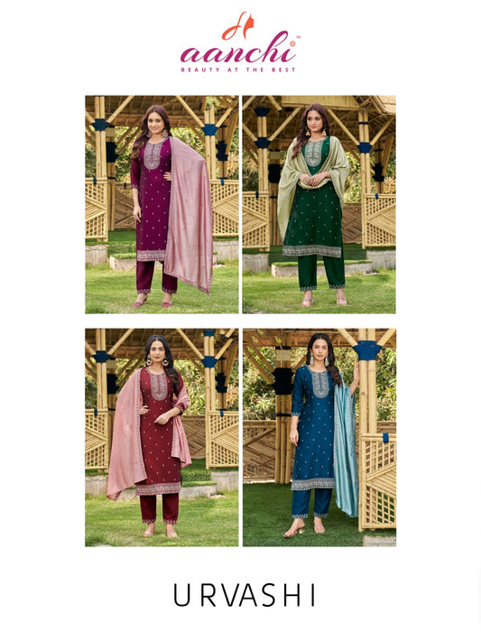Urvashi Aanchi Vichitra Silk Readymade Pant Style Suits Supplier