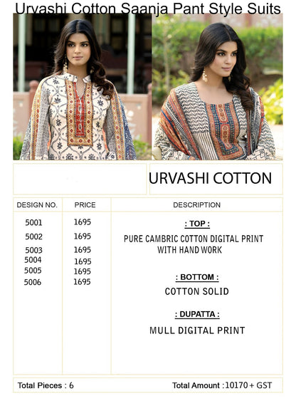 Urvashi Cotton Saanja Cambric Cotton Pant Style Suits Wholesale Price