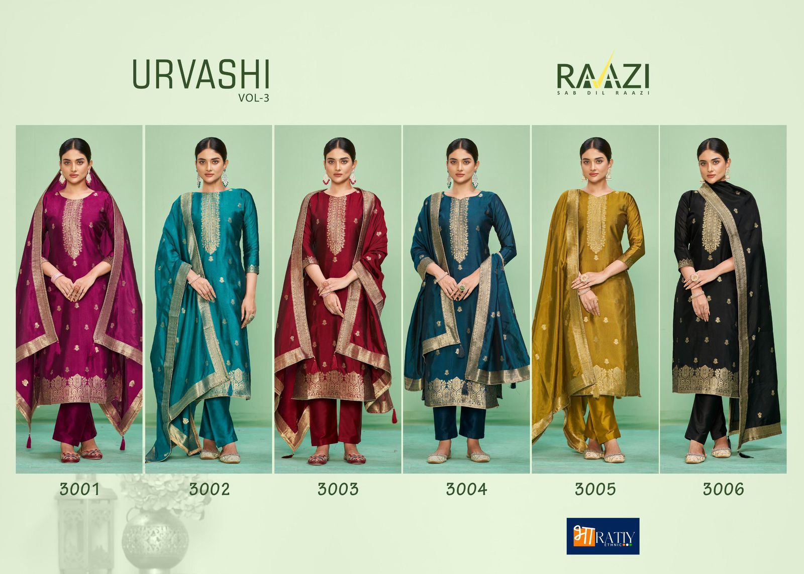 Urvashi Vol 3 Raazi Silk Jacquard Pant Style Suits Manufacturer India