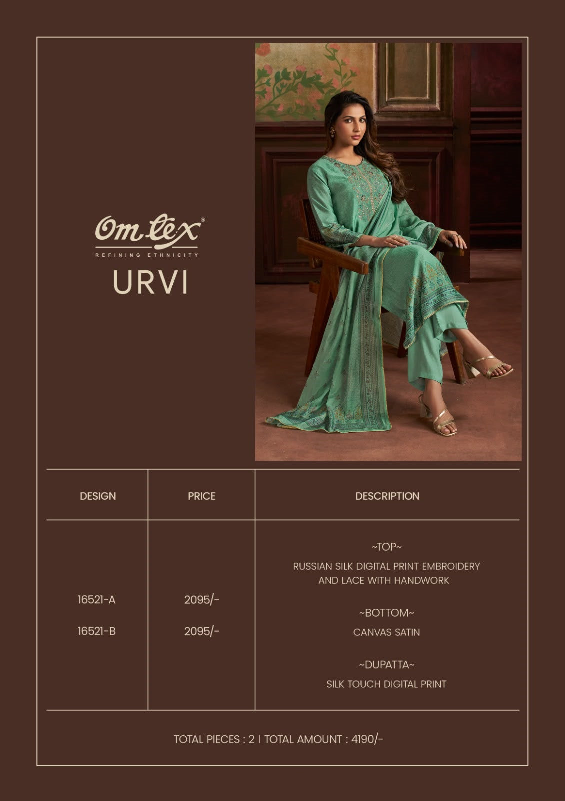 Urvi Omtex Russian Silk Pant Style Suits Exporter India