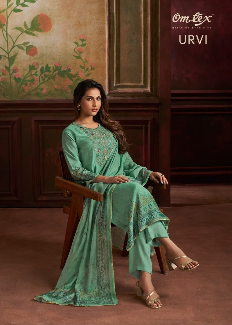 Urvi Omtex Russian Silk Pant Style Suits Exporter India