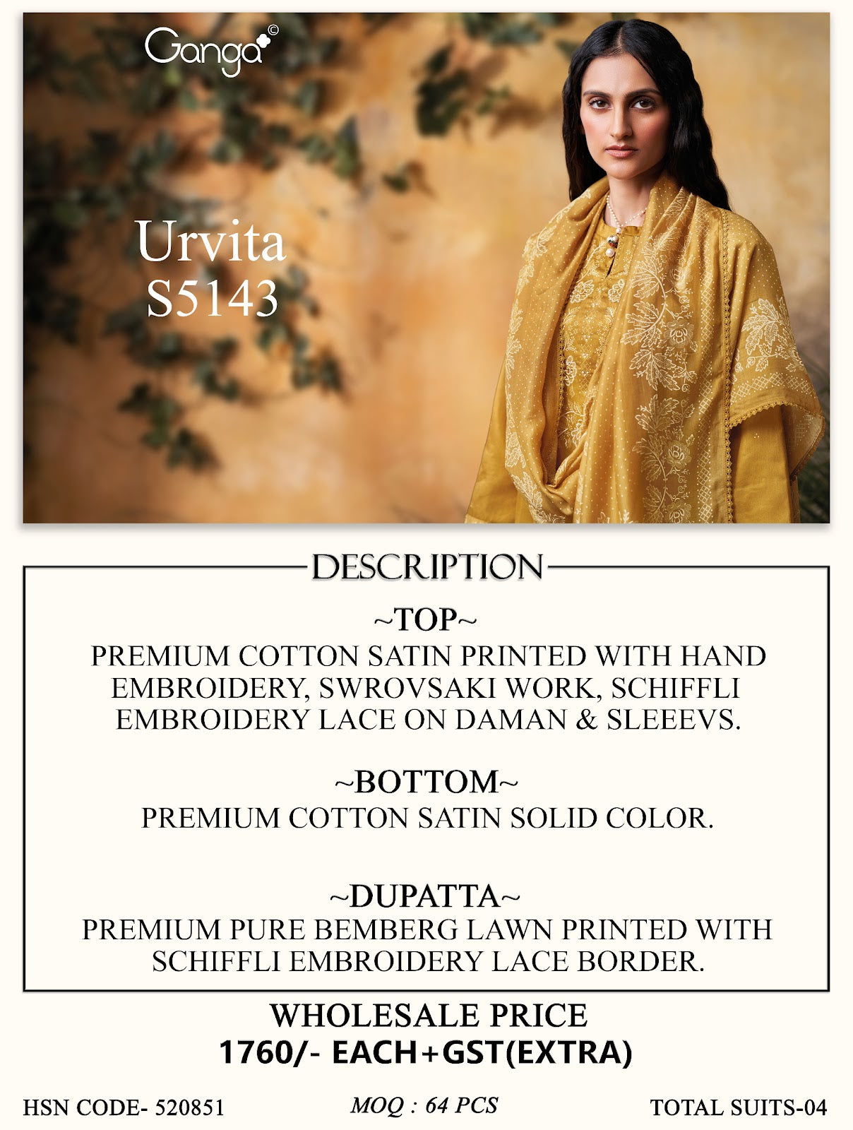 Urvita S5143 Ganga Cotton Satin Plazzo Style Suits Exporter Gujarat