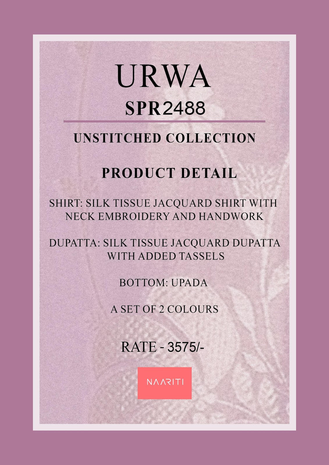 Urwa Naariti Tissue Jacquard Pant Style Suits Wholesaler Ahmedabad
