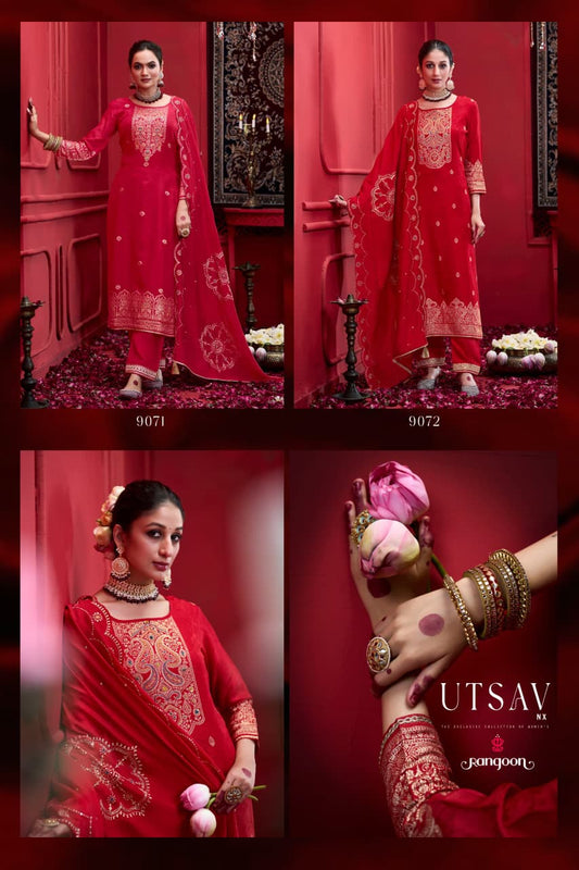 Utsav Nx Red Special Rangoon Dola Jacquard Readymade Pant Style Suits Exporter India