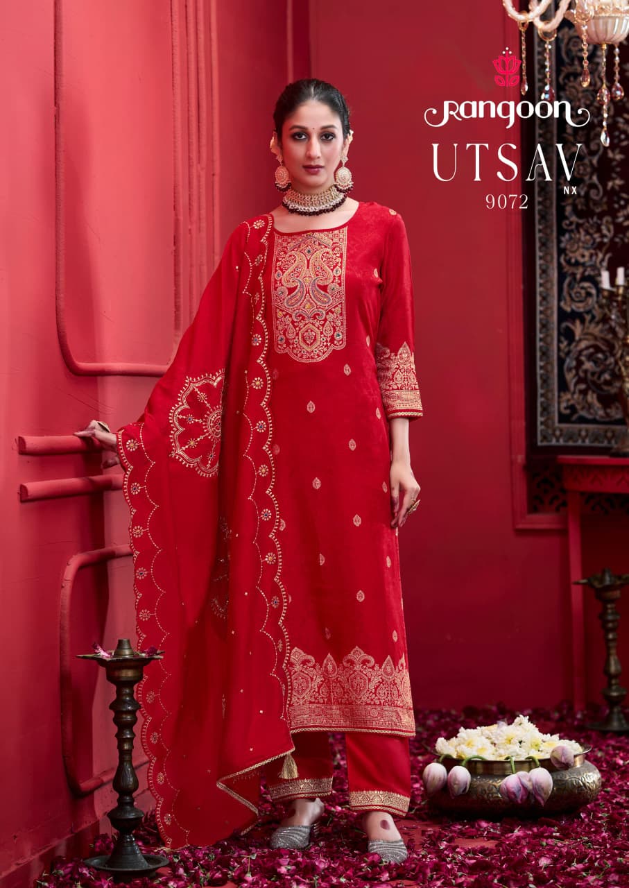 Utsav Nx Red Special Rangoon Dola Jacquard Readymade Pant Style Suits Exporter India