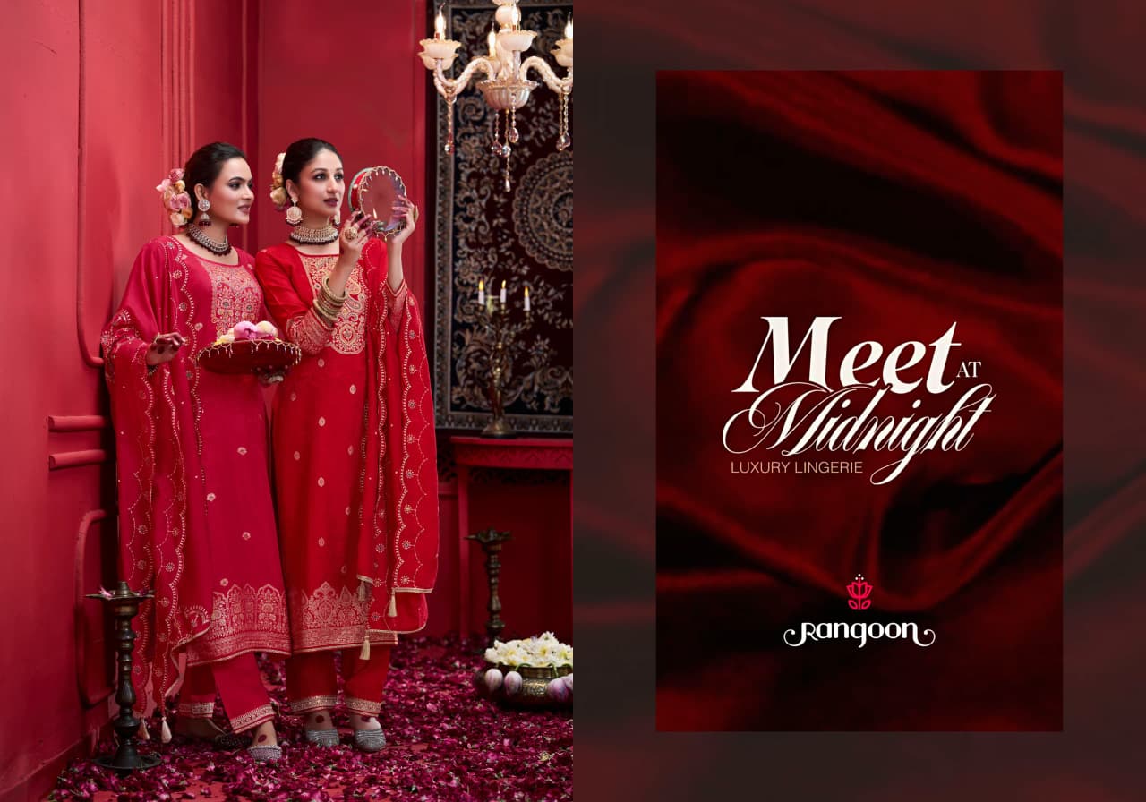 Utsav Nx Red Special Rangoon Dola Jacquard Readymade Pant Style Suits Exporter India