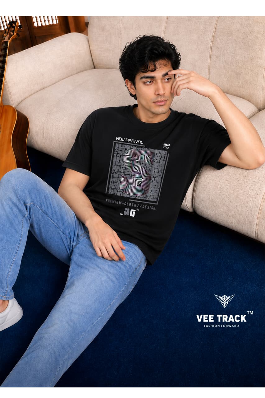 V-2267 Sticker Print Vee Track Tencil Lycra Mens Tshirts Exporter