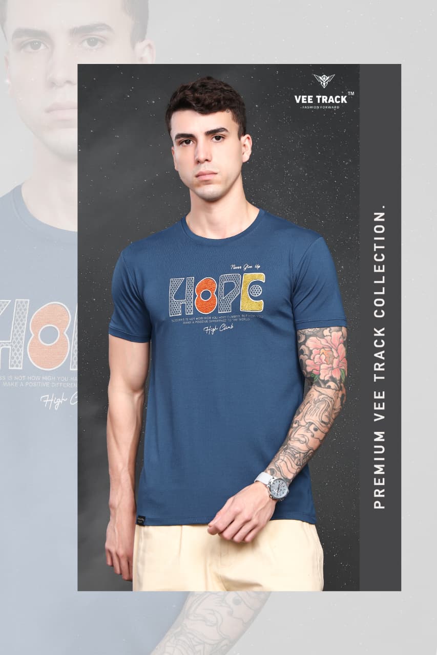V-2267 Sticker Print Vee Track Tencil Lycra Mens Tshirts Exporter