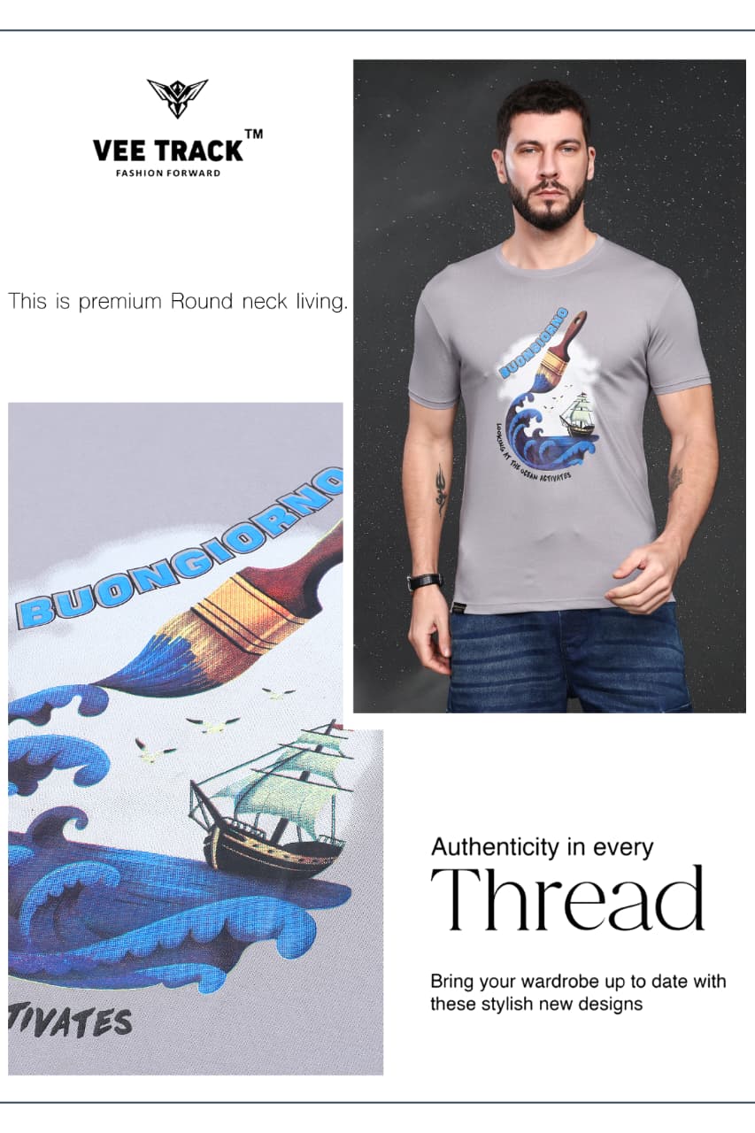 V-2267 Sticker Print Vee Track Tencil Lycra Mens Tshirts Exporter