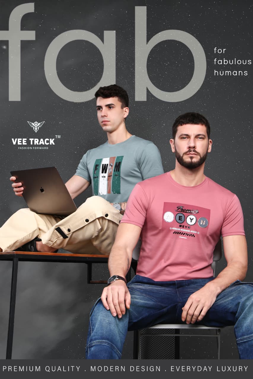 V-2267 Sticker Print Vee Track Tencil Lycra Mens Tshirts Exporter