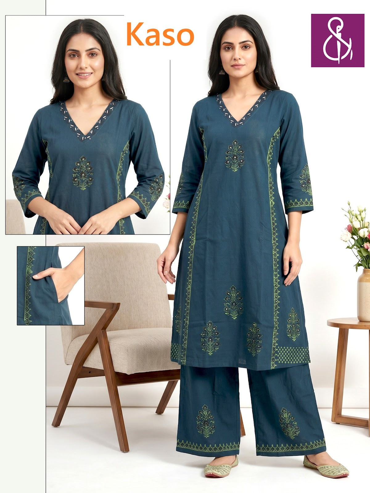 V-Neckline 0605 Kaso Dhabu Cotton Kurti Plazzo Set Exporter Gujarat