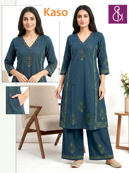 V-Neckline 0605 Kaso Dhabu Cotton Kurti Plazzo Set Exporter Gujarat